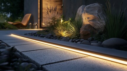 Sleek LED strip lighting enhances a modern patio and garden walkway at night with minimalist design
