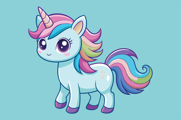 Fototapeta premium A cute unicorn with a colorful mane looks cheerful against a soft blue backdrop, a cartoon character of a Unicorn cute cartoon
