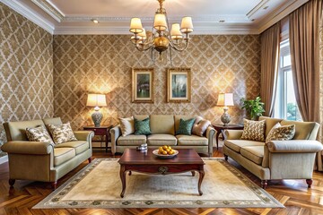 A poised living room makeover showcases a stunning textured wallpaper with intricate patterns, effortlessly elevating