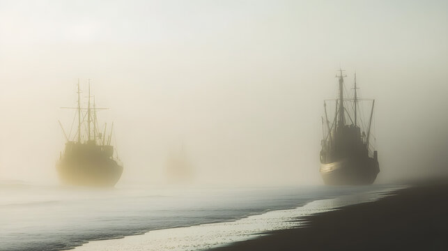 A foggy morning beach scene with ghostly silhouettes of ships appearing through the mist.