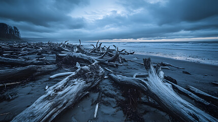 A forest of driftwood scattered along a remote beach weathered by the elements.