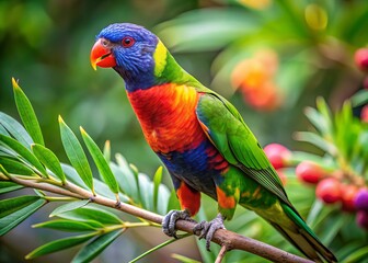 A radiant tropical parrot proudly displays its bright plumage on a colourful branch, its open beak speaking volumes
