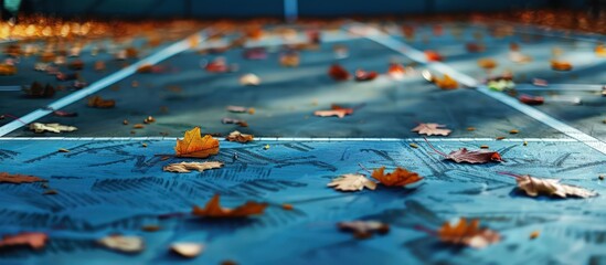 A tennis court during autumn, with leaves scattered across the playing surface, adding a seasonal touch