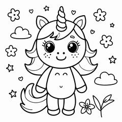 unicorn black outline illustration for kids coloring book 