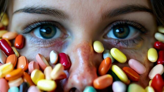 Сlose-up of a woman face peering out from a pile of colorful pills and capsules, creating a striking contrast between the brightly colored medicine and her natural look.