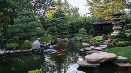 Naklejka premium A tranquil Japanese garden with a koi pond, stone lanterns, and meticulously trimmed bonsai trees, creating a serene, meditative atmosphere.