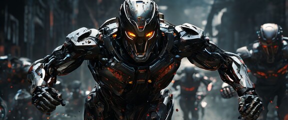 A swarm of aggressive AI robots with glowing eyes charging in battle formation. The scene evokes intensity, danger, and the potential future of AI-driven conflict, blending science fiction with action