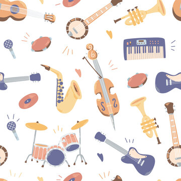 Abstract music seamless pattern on white background.