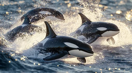 Three orcas leap from the water, creating splashes and spray in the sunlight.