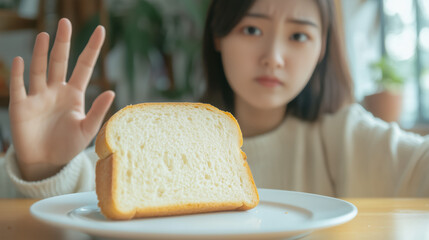 Woman pushing away bread, gluten intolerance, stomach pain, rejecting food, gluten-free lifestyle, breakfast scene, Asian girl at home