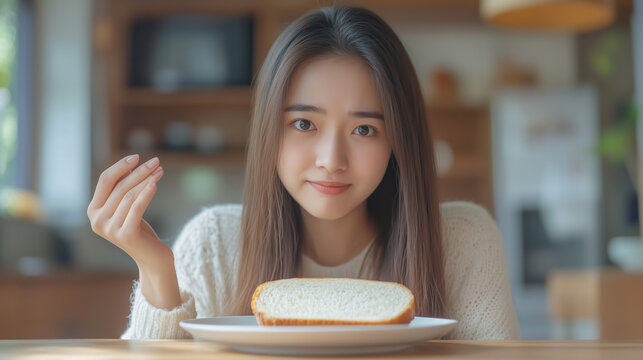 Asian girl refusing bread, stomach ache from gluten intolerance, healthy diet, gluten-free meal, breakfast at home, food allergy concept