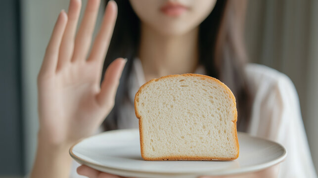 Young woman rejecting white bread, gluten sensitivity, gluten-free diet concept, stomach discomfort, breakfast refusal, health-conscious eating