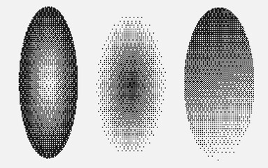 Set of black circle with pixelated bitmap texture. . Y2K aesthetics texture. Gradient textured oval
