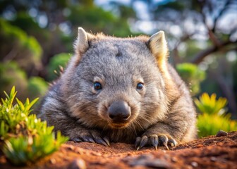 Fototapeta premium A small, furry wombat rests peacefully in its native bushland home, its striped body camouflaged against the rust-hued