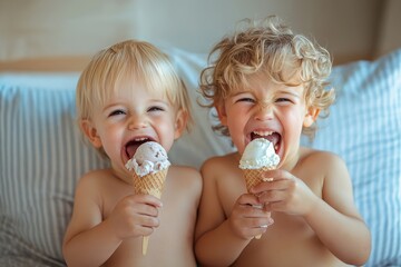 Two Caucasian funny children boys siblings sitting together eating sharing one ice-cream. Toddler younger baby crying and older brother teasing him. Love envy jealous brothers, Generative AI