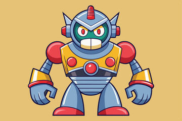 Fototapeta premium A cheerful robot character strikes a bold pose with vibrant colors and playful features, a cartoon character robot character