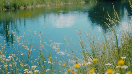 Fototapeta premium A tranquil riverbank surrounded by tall grass and wildflowers, with the calm water reflecting the bright blue sky above.