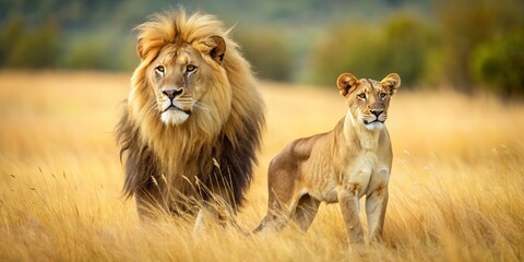 Fototapeta premium A stunning adult lioness and her lion partner survey their territory, their tawny coats blending seamlessly with the