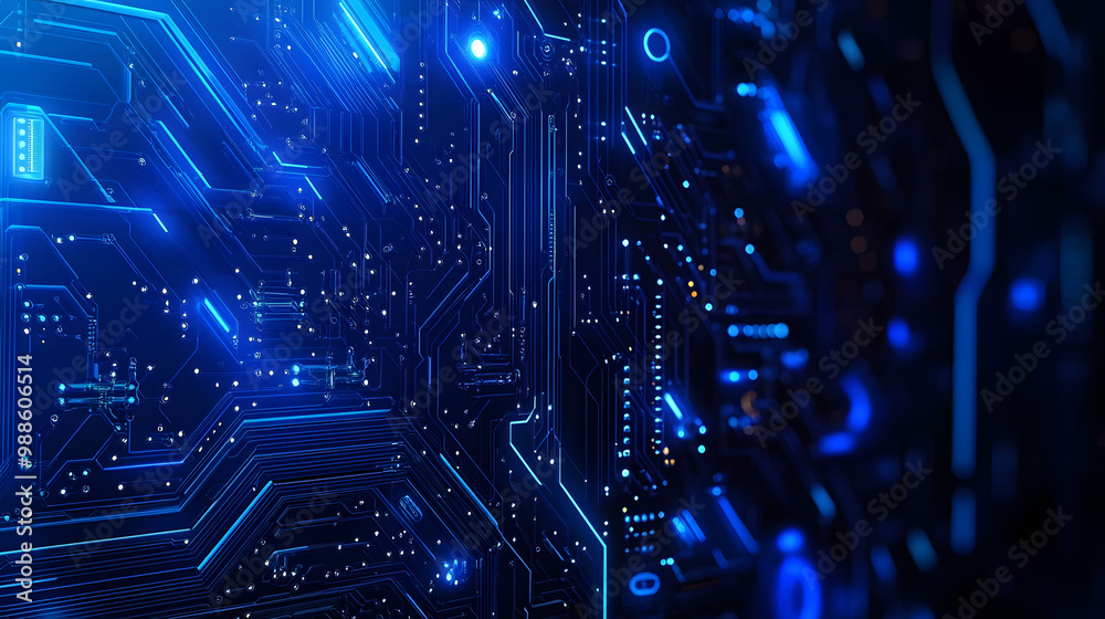Poster futuristic representation of quantum computer technologies with a blue circuit board design showcasi