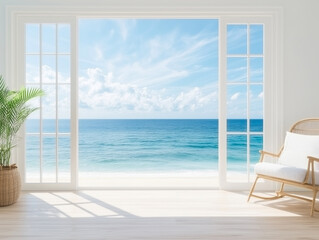 Fototapeta premium Luxury home showcase living room with sunny ocean view