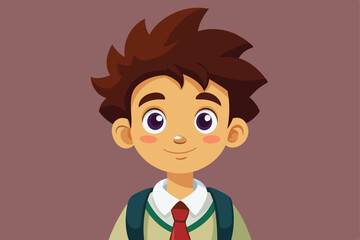 Obraz premium A cartoon school boy with a backpack grinning happily in a classroom environment, a cartoon character school boy