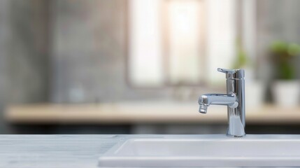 Faucet with soft focus backdrop, modern flat design, emphasizing clean lines and simplicity, ideal for home improvement or plumbing themes, elegant and minimalistic aesthetic.