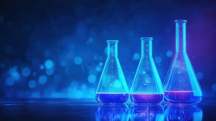 Vibrant Glass Chemistry, four unique glass flasks illuminated by blue neon light, set against a deep blue background, showcasing their shapes and colors in striking contrast.