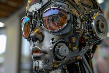 Fototapeta premium Robot with exposed circuitry looking off into the distance with a neutral expression