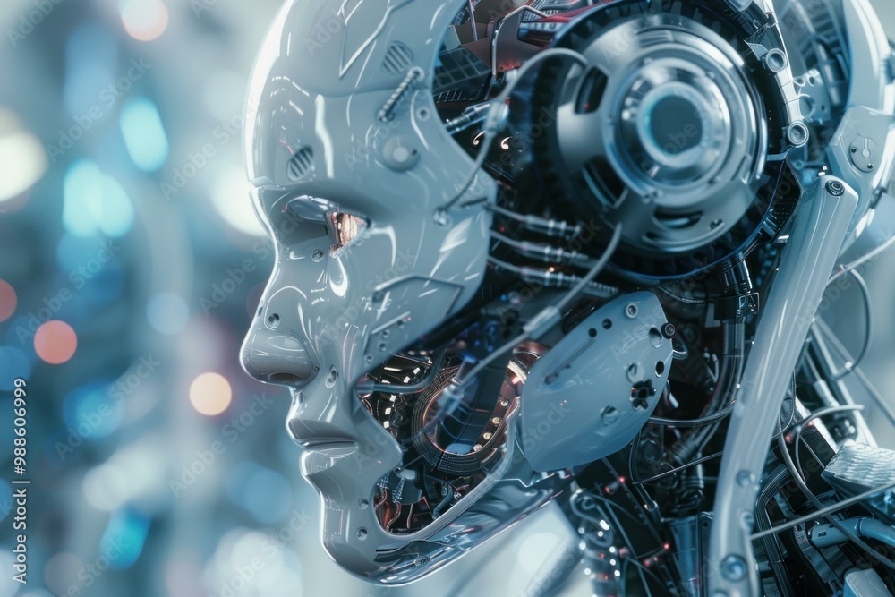 Poster robot with exposed circuitry is analyzing data in a futuristic laboratory