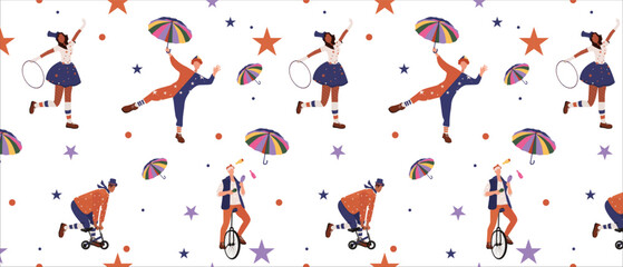 Circus seamless pattern. Bright, cheerful, childish. With a girl with a weapon, guys with circus bicycles, stars. The illustration is applicable for the design of children's parties, paper, clothing,