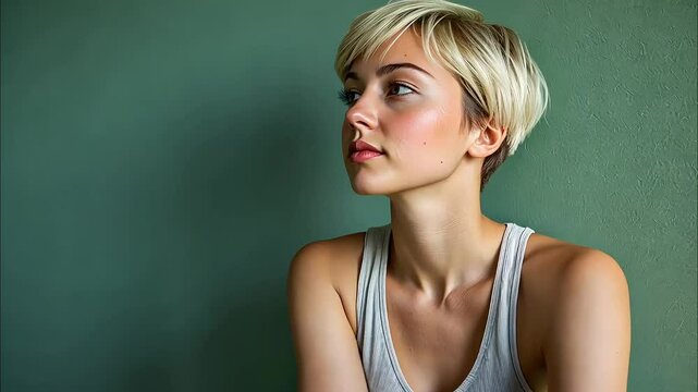 Side profile of blonde woman with pixie cut looking thoughtful

