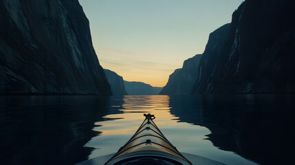 Fototapeta premium A kayak paddling through a serene fjord with towering cliffs on either side under the soft light of dawn.