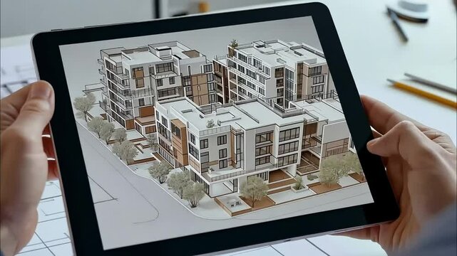 3D model of a modern apartment complex on tablet screen

