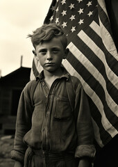 A solemn young boy stands in front of an American flag. His worn clothing and serious expression evoke a sense of resilience and patriotism, hinting at a historical or wartime setting.