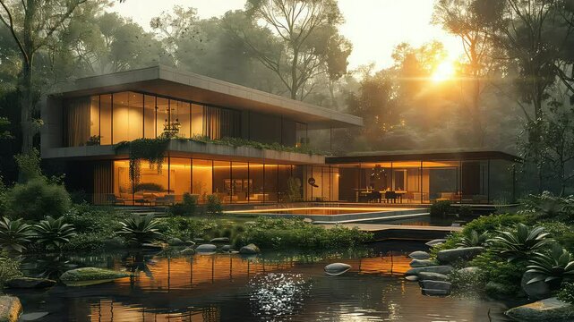 Animation Modern house surrounded by lush greenery at sunset. generated with ai