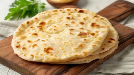 Traditional flatbread displayed on a rustic wooden board, inviting and warm, showcasing the simplicity and artistry of culinary heritage in a flat design style