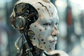 Fototapeta premium Close up of a white and chrome android with exposed circuitry, evoking thoughts about the future of artificial intelligence