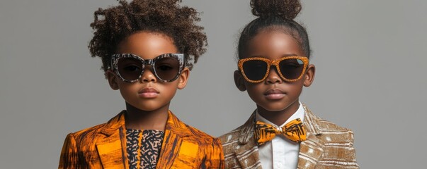 portrait of african american siblings in stylish attires with sunglasses on gray backdrop, banner, Generative AI