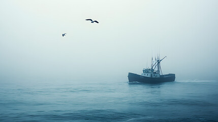 A lone fishing trawler on a vast foggy ocean with seagulls flying above and waves rolling beneath.