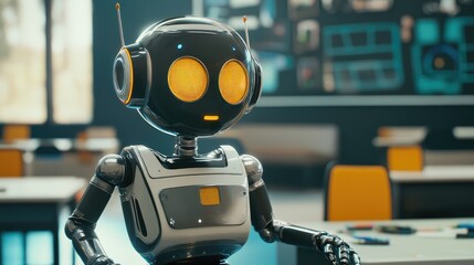 Fototapeta premium AI artist robot in a futuristic classroom setting, teaching children digital art skills through advanced interactive tools. No logo, no people.