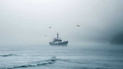 Obraz premium A lone fishing trawler on a vast foggy ocean with seagulls flying above and waves rolling beneath.
