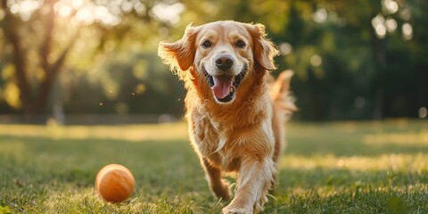 Joyful dog chasing a bright yellow ball in a vibrant park, surrounded by softly blurred trees and lush green grass.