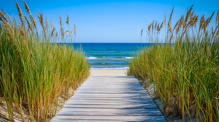A long wooden boardwalk leading to a quiet beach with tall grasses swaying in the breeze.