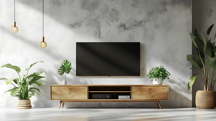 A living room with a large flat screen television on a wooden stand