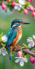 A blue and orange bird is perched on a branch of a tree with pink flowers. The bird is looking at the camera, and the scene is peaceful and serene