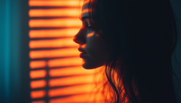 A dramatic profile portrait of a woman silhouetted against strong window blinds light, showcasing contrast and mood with detailed shadows and abstract background elements adding depth
