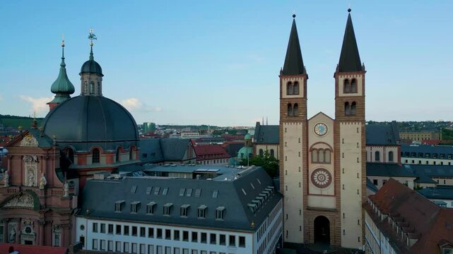 4K Aerial Drone Video of the Wurzburg Cathedral and the New Munster Church in Downtown W&uuml;rzburg, Germany