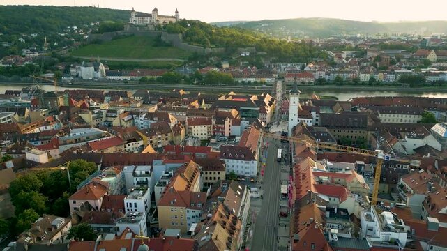 4K Aerial Drone Video of the Marienberg Fortress Along the Main River in W&uuml;rzburg, Germany