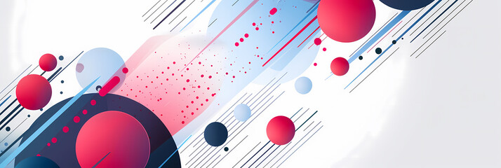 Obraz premium Abstract geometric background with vibrant red, blue, and black circles on a white background.