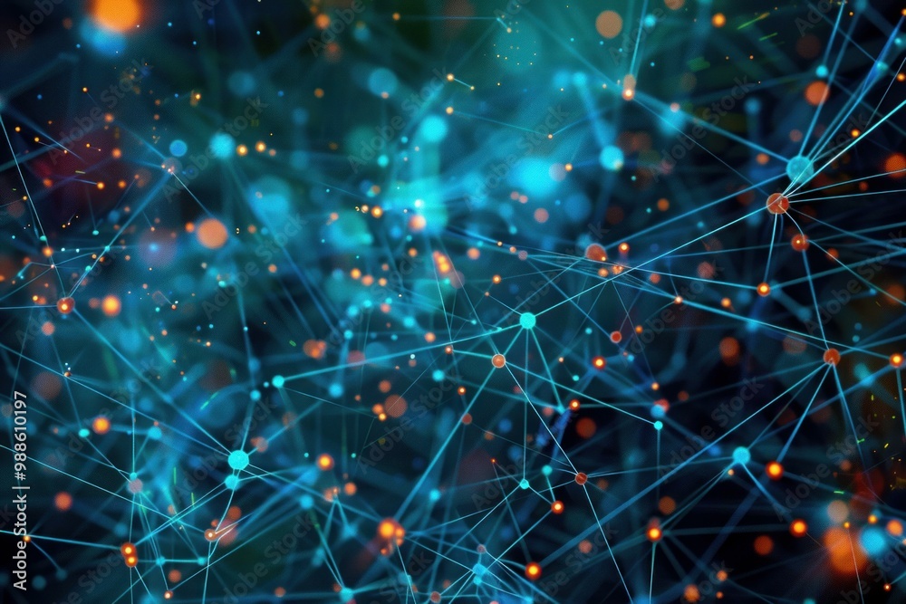 Poster abstract network with glowing nodes connecting lines transmitting data